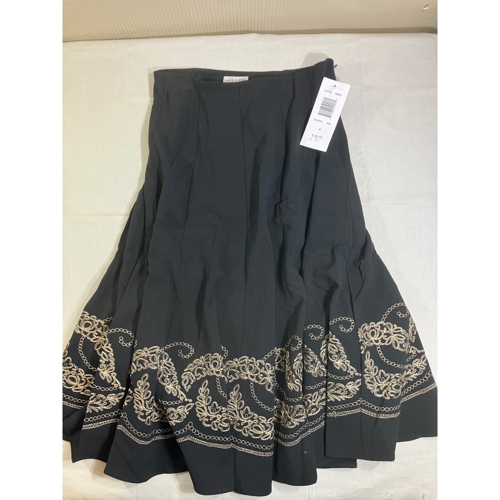 Allison Taylor Women Size 4 Black Gold Embroidered A-Line Midi Skirt NWT 3131180